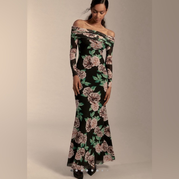 AFRM Dresses & Skirts - WITH TAGS AFRM LONG SLEEVE OFF THE SHOULDER MESH MAXI DRESS in BLK MOTIF sz S